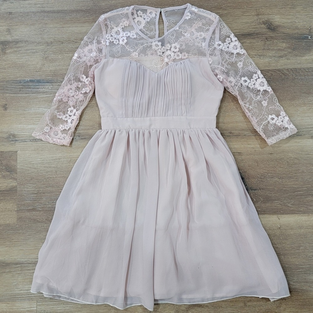 London Dress Co Floral Lace Overlay Pleated Midi Dress Blush Pink Women's Size 6